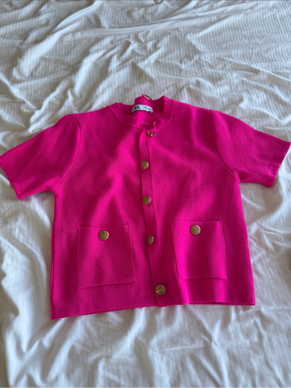 Zara Hot Pink Short Sleeve Buttoned Cardigan with Gold Buttons